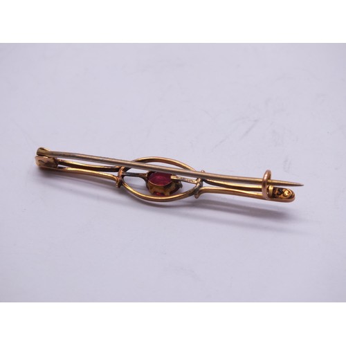 58 - VICTORIAN 9ct GOLD & FACETED RUBY BAR BROOCH (1.6g) and 9ct GOLD 18