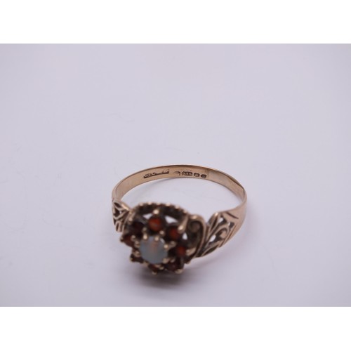 80 - 9ct GOLD OPAL & GARNET CLUSTER RING SIZE R, Weight 2.3g