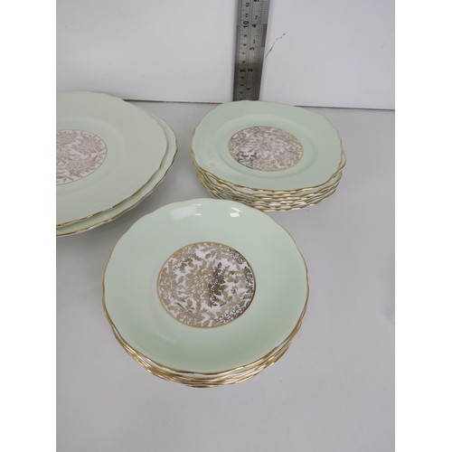 170 - ROYAL VALE CHINA TEA SET PALE GREEN AND GOLD 38 x PIECES INCLUDING CUPS, SAUCERS, TEA PLATE, JUG AND... 