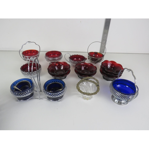 174 - TRAY OF RUBY RED & COBALT BLUE GLASS, SERVING BOWLS, PICKLE BOWLS, DISHES ETC