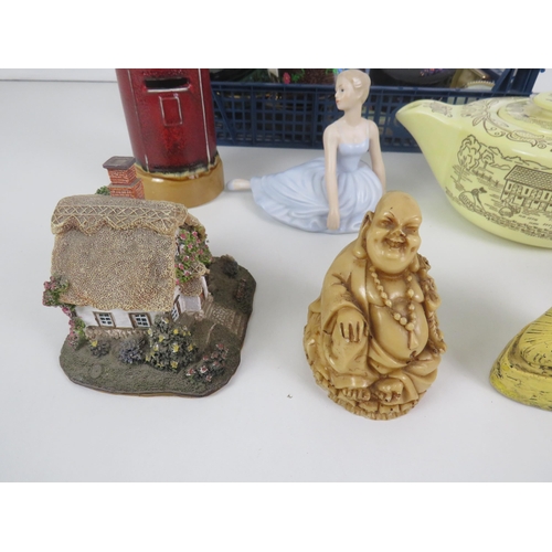 175 - 2x TRAYS OF MISCELLANEOUS TO INCLUDE CERAMICS, TRINKET BOXES, BUDDHA'S, TEAPOT ETC