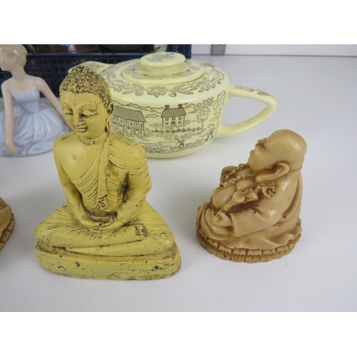 175 - 2x TRAYS OF MISCELLANEOUS TO INCLUDE CERAMICS, TRINKET BOXES, BUDDHA'S, TEAPOT ETC