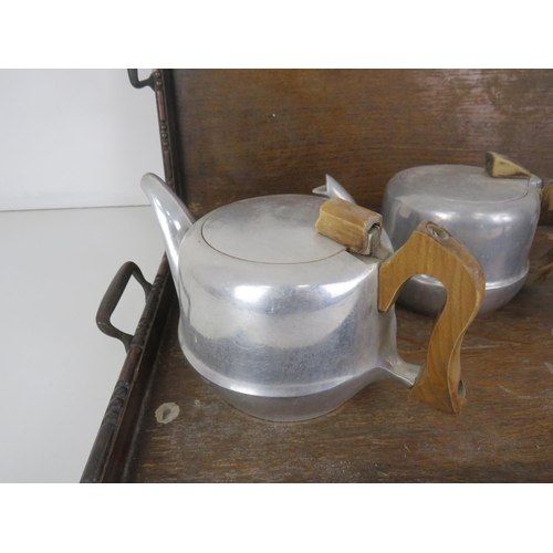 179 - 2x SOLID OAK SERVING TRAYS AND 3x PIQUOT WARE TEAPOTS AND A COFFEE POT