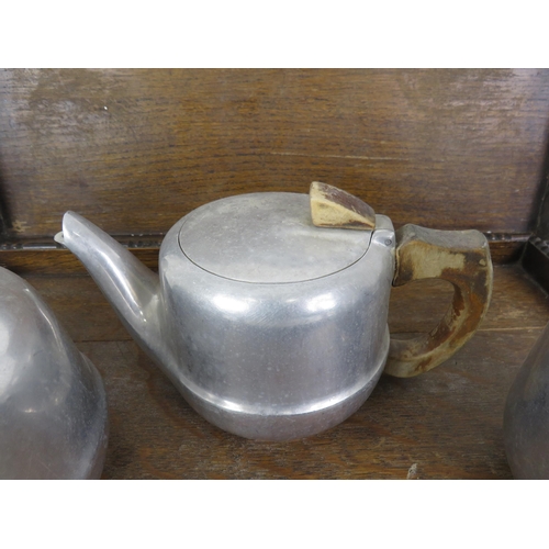 179 - 2x SOLID OAK SERVING TRAYS AND 3x PIQUOT WARE TEAPOTS AND A COFFEE POT