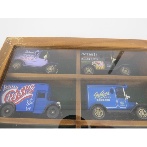 188 - WOOD AND GLASS DISPLAY CASE WITH 15 LLEDO DIECAST ADVERTISING VANS