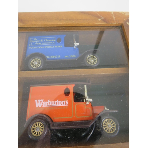 188 - WOOD AND GLASS DISPLAY CASE WITH 15 LLEDO DIECAST ADVERTISING VANS