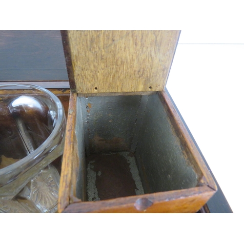 184 - WOODEN TEA CADDY WITH 2 LIDDED COMPARTMENTS & GLASS MIXING BOWL - H19cm x W16cm x L31cm