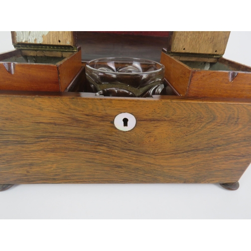 184 - WOODEN TEA CADDY WITH 2 LIDDED COMPARTMENTS & GLASS MIXING BOWL - H19cm x W16cm x L31cm