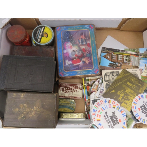 331 - BOX OF MISCELLANEOUS TO INCLUDE TINS, BADGES, SETS OF DARTS, BOOKS, BIBLE ETC