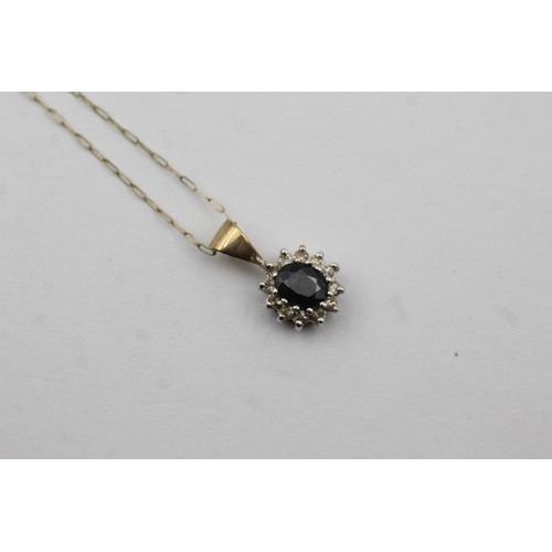 460 - 9ct gold sapphire & diamond cluster pendant necklace (1.1g)