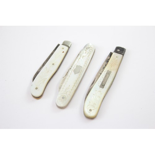 475 - 3 x Antique Hallmarked .925 STERLING SILVER Knives with Mother of Pearl Handles (36g)