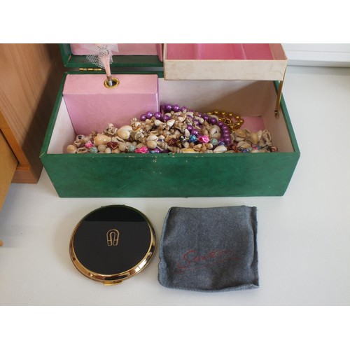 228 - WOODEN 3 DRAWER JEWELLERY BOX & GREEN MUSICAL BALLERINA JEWELLERY BOX BOTH WITH JEWELLERY & TRINKETS... 