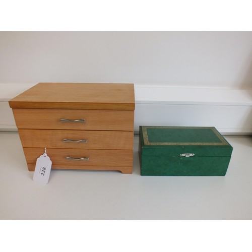 228 - WOODEN 3 DRAWER JEWELLERY BOX & GREEN MUSICAL BALLERINA JEWELLERY BOX BOTH WITH JEWELLERY & TRINKETS... 