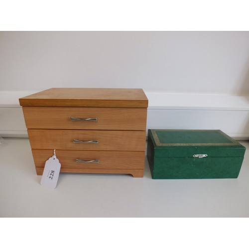 228 - WOODEN 3 DRAWER JEWELLERY BOX & GREEN MUSICAL BALLERINA JEWELLERY BOX BOTH WITH JEWELLERY & TRINKETS... 