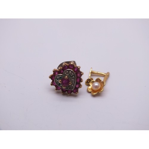 236 - PAIR OF 9ct GOLD EARRINGS , A 9ct GOLD RUBIES & DIAMONDS HEART STUD EARRING and 9ct GOLD SEED PEARL ... 