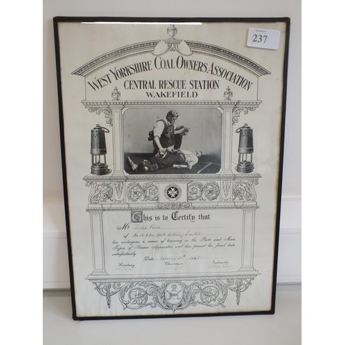 237 - FRAMED CERTIFICATE - WEST YORKSHIRE COAL OWNERS ASSOCIATION - CENTRAL RESCUE STATION WAKEFIELD - DAT... 