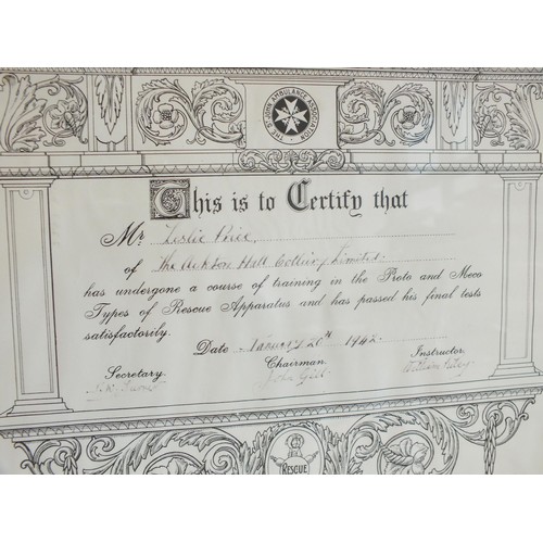 237 - FRAMED CERTIFICATE - WEST YORKSHIRE COAL OWNERS ASSOCIATION - CENTRAL RESCUE STATION WAKEFIELD - DAT... 