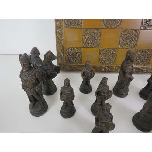 198 - CARVED WOODEN WAR OF THE ROSES CHESS BOARD AND PIECES