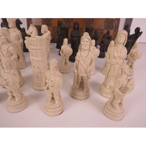 198 - CARVED WOODEN WAR OF THE ROSES CHESS BOARD AND PIECES