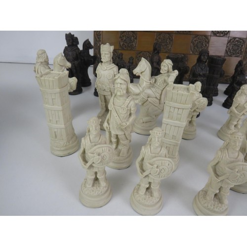 198 - CARVED WOODEN WAR OF THE ROSES CHESS BOARD AND PIECES