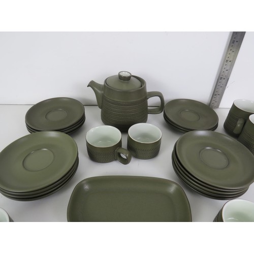 294 - 37 PIECE OLIVE GREEN DENBY CHEVRON TEASET C1960'S TO INCLUDES ONE TEAPOT JILL PEMBERTON DESIGN, 12 C... 