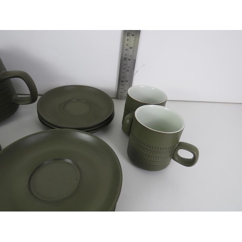 294 - 37 PIECE OLIVE GREEN DENBY CHEVRON TEASET C1960'S TO INCLUDES ONE TEAPOT JILL PEMBERTON DESIGN, 12 C... 