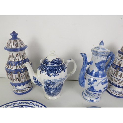 295 - COLLECTION OF ASSORTED BLUE AND WHITE POTTERY INCLUDES TEAPOTS TEMPLE JARS, PLATES ETC