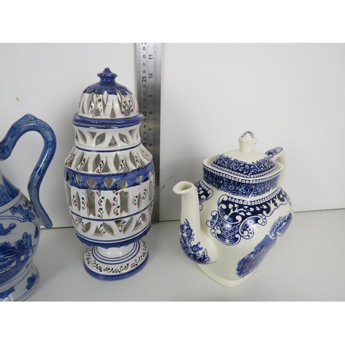 295 - COLLECTION OF ASSORTED BLUE AND WHITE POTTERY INCLUDES TEAPOTS TEMPLE JARS, PLATES ETC