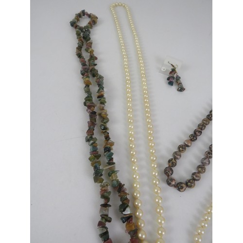 241 - GEMSTONE AND PEARL NECKLACES INCLUDES JASPER, MULTI GEMSTONE CHIP BEAD NECKLACE AND EARRINGS