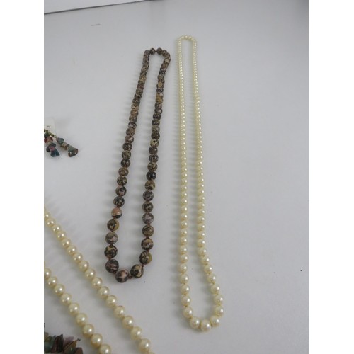 241 - GEMSTONE AND PEARL NECKLACES INCLUDES JASPER, MULTI GEMSTONE CHIP BEAD NECKLACE AND EARRINGS