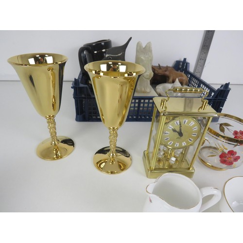 243 - 2 x TRAYS OF MISCELLANEOUS ITEMS INCLUDES GLASSWARE ONYX, GLENFIDDICH, WATER JUG ETC