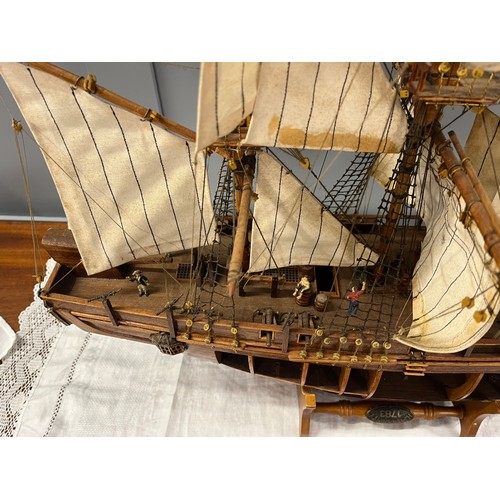 98 - LARGE SCALE MODEL SHIP WITH OPEN SIDE TO REVEAL INSIDE WITH FIGURES, BARRELS, LADDERS ETC LENGTH 35