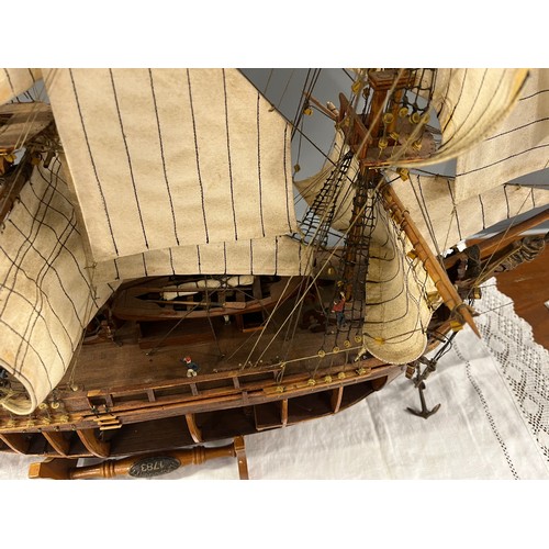 98 - LARGE SCALE MODEL SHIP WITH OPEN SIDE TO REVEAL INSIDE WITH FIGURES, BARRELS, LADDERS ETC LENGTH 35