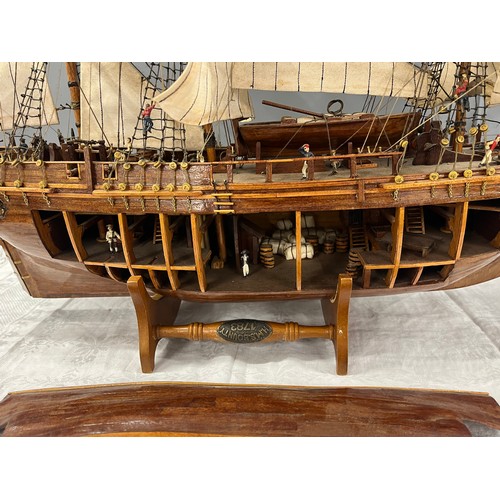 98 - LARGE SCALE MODEL SHIP WITH OPEN SIDE TO REVEAL INSIDE WITH FIGURES, BARRELS, LADDERS ETC LENGTH 35