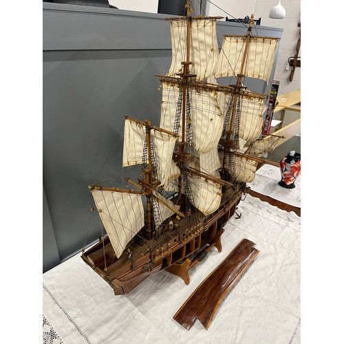 98 - LARGE SCALE MODEL SHIP WITH OPEN SIDE TO REVEAL INSIDE WITH FIGURES, BARRELS, LADDERS ETC LENGTH 35