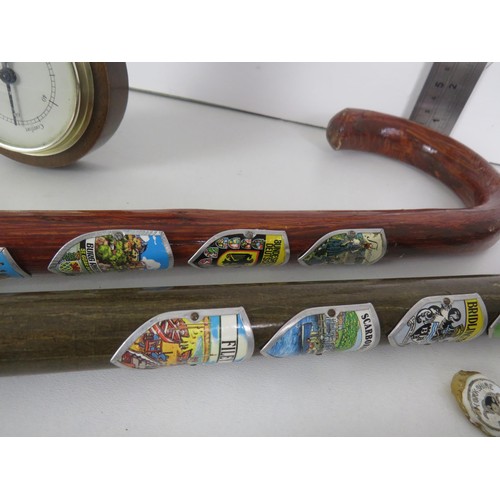 258 - 5 x WALKING STICKS AND A VINTAGE WALL BAROMETER