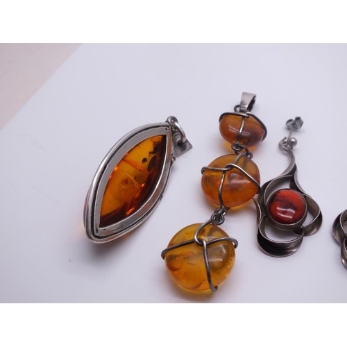 270 - 2 PAIRS OF SILVER & AMBER DANGLE EARRINGS and 2 SILVER & AMBER PENDANTS