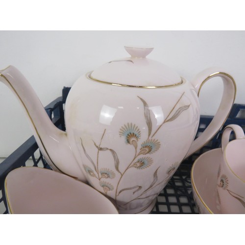 263 - ROYAL TUSCAN BLUE FLORAL PINK PATTERN TEASET, COMPRISING OF TEAPOT, MILK AND CREAM JUGS, SUGAR BOWL,... 