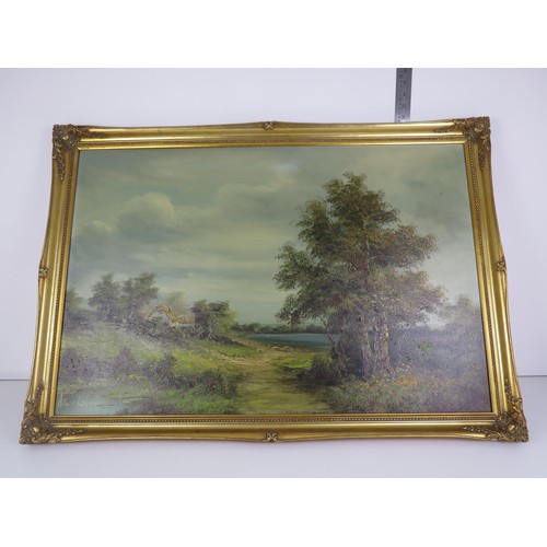 264 - LARGE GILT FRAMED OIL ON CANVAS RURAL SCENE SIGNED ALLEN VALAB