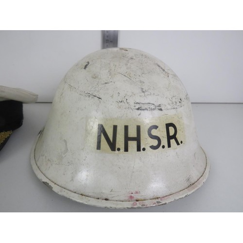 346 - 2 x COSTUME HATS FRENCH MILITARY HAT, NAVAL CAP AND A BRITISH NATIONAL HOSPITAL SERVICE RESERVE HELM... 