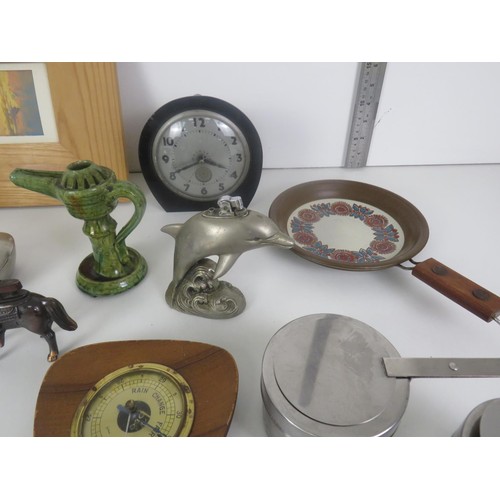 361 - TRAY OF MISCELLANEOUS INCLUDES BRASSWARE TABLE LIGHTERS, VINTAGE CLOCKS ETC