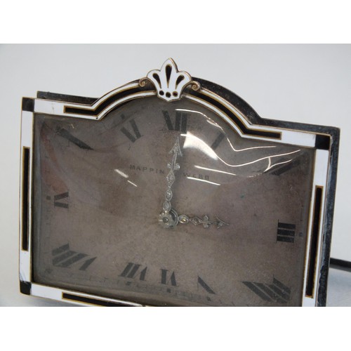 57 - MAPPIN AND WEBB SOLID SILVER ENAMEL ART DECO CLOCK, FRENCH SILVER HALLMARKS