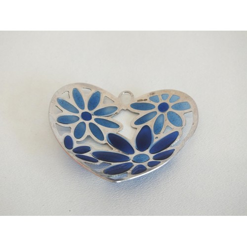 60 - LARGE STERLING SILVER PLIQUE- A-JOUR ENAMEL HEART PENDANT