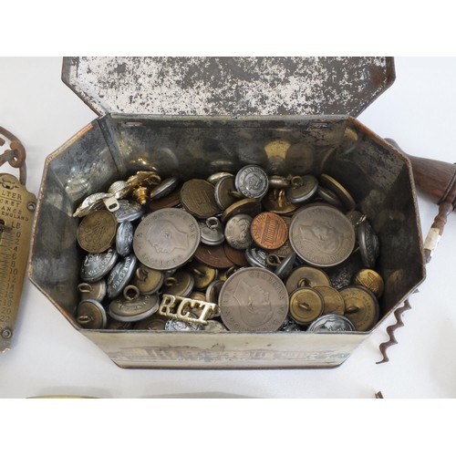 69 - OLD TIN FULL OF MISCELLANEOUS ITEMS, INCLUDING CORKSCREWS, WHISTLES ETC