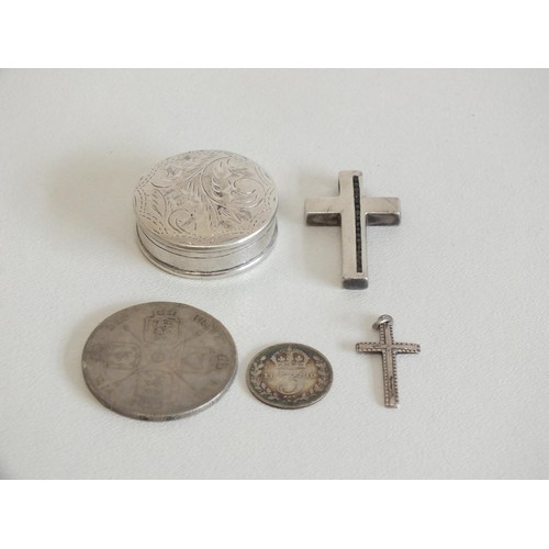 72 - VICTORIAN SILVER COINS, SILVER PILL BOX, SILVER CORSSES