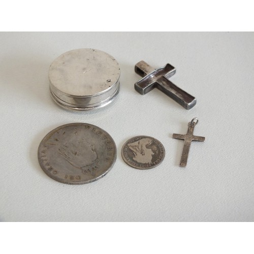 72 - VICTORIAN SILVER COINS, SILVER PILL BOX, SILVER CORSSES