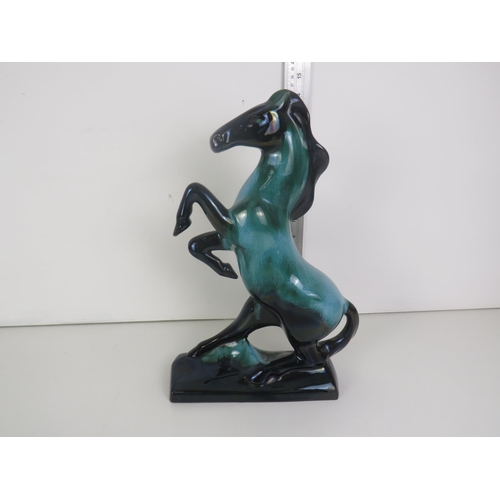 127 - LARGE CERAMIC HORSE STATUE IN BLACK AND TURQUOISE, 36CM HEIGHT, 22CM WIDE