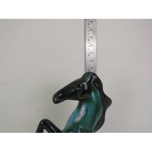 127 - LARGE CERAMIC HORSE STATUE IN BLACK AND TURQUOISE, 36CM HEIGHT, 22CM WIDE