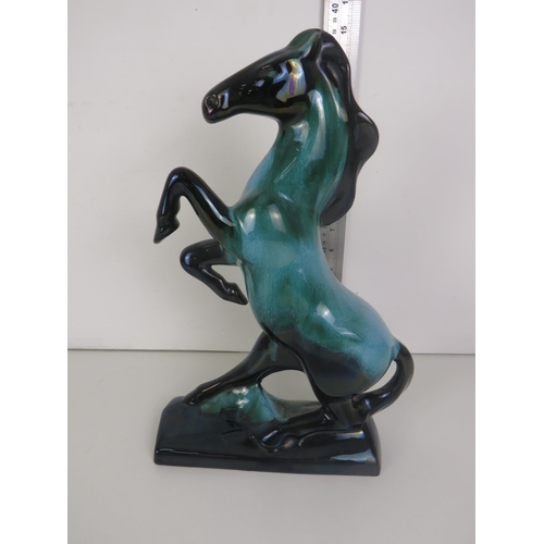 127 - LARGE CERAMIC HORSE STATUE IN BLACK AND TURQUOISE, 36CM HEIGHT, 22CM WIDE