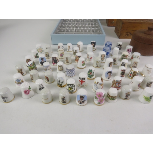 136 - SELECTION OF THIMBLES VARIOUS THEMES, 3 x STACKERS BOXES, SMALL WOODEN WALL CABINET, ROUND JEWELLERY... 